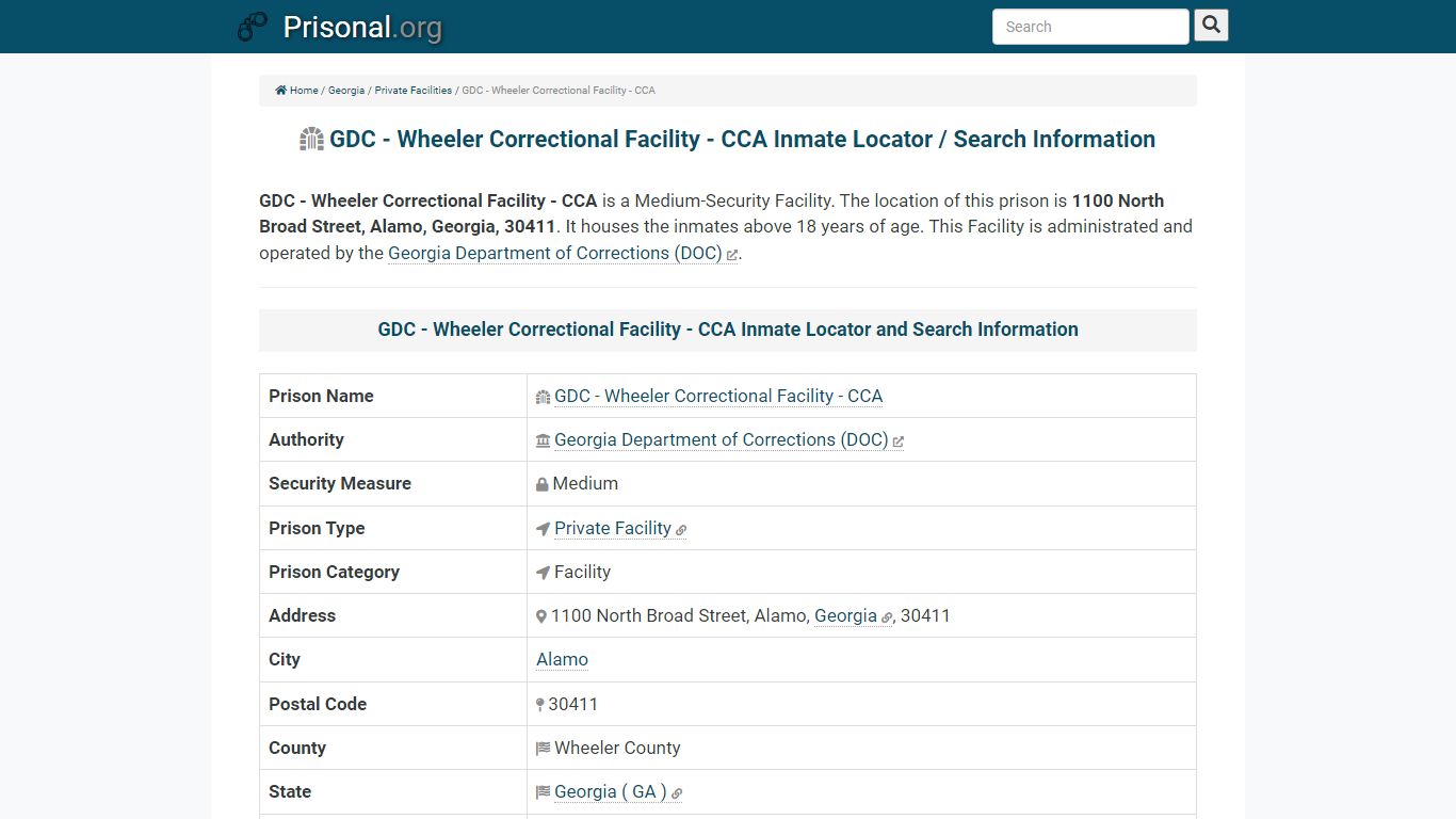 GDC - Wheeler Correctional Facility - CCA-Inmate Locator ...
